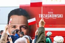 A campaign bus belonging to Rafal Trzaskowski, mayor of Warsaw and candidate for the Civic Platform (PO) party in the upcoming presidential elections, drives away after a campaign event in Krakow, Poland, on 13 May 2025.