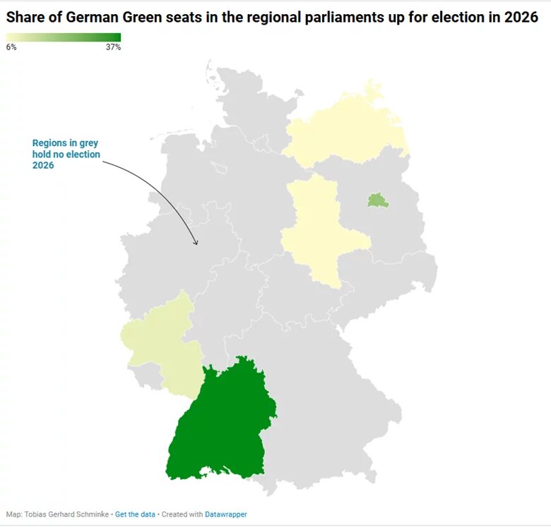 Share of German Green seats in the regional parliaments up for election in 2026