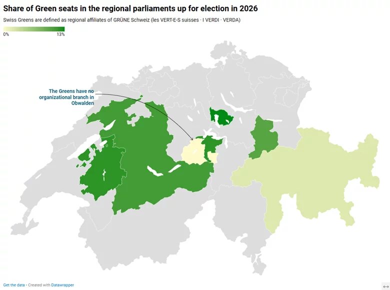 Share of Green seats in the regional parliaments up for election in 2026