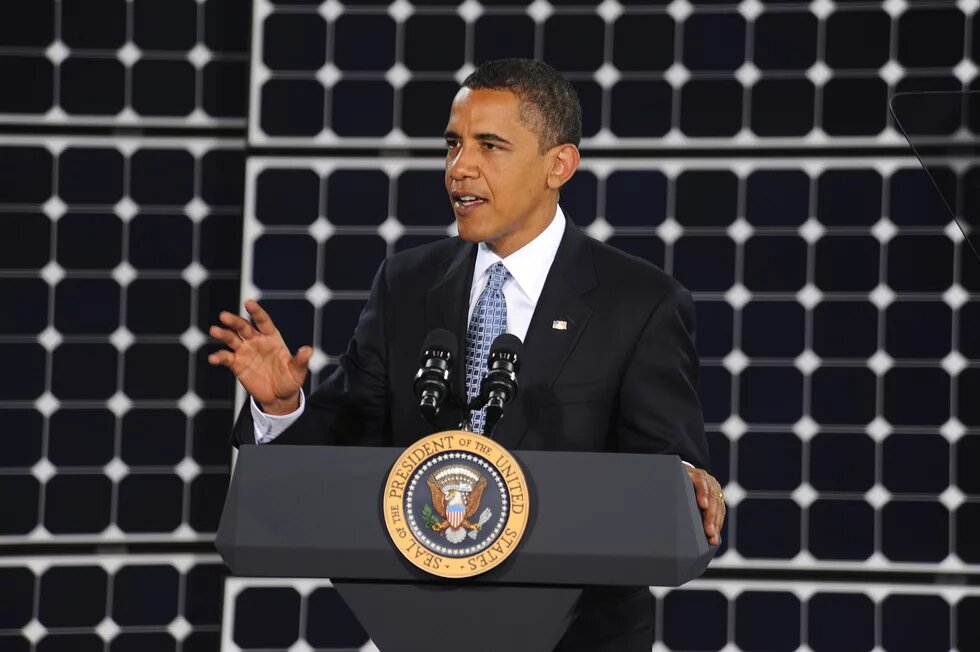 President Obama speaks to the Airman of Nellis Air Force Base Nev. during a visit to Las Vegas. The president spoke about issues concerning world energy and the importance of solar power. (U.S. Air Force Photo/Senior Airman Brian Ybarbo, released)